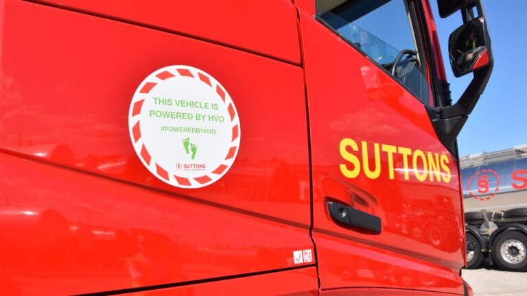 A Suttons Tanker displays a sticker to indicate it is fuelled by HVO.