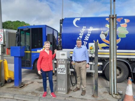 Cllr Liz Barrett and Cllr Richard Watters at HVO fuel pump at Friarton depot, Perth