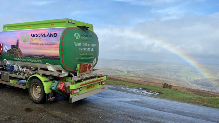 Moorland Fuels fuel tanker in front of rainbow