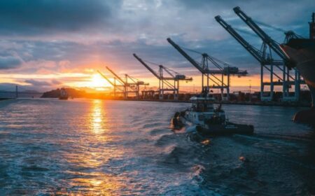 Oil rigs at sunset