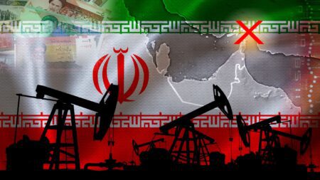Iranian flag image with oil fields and map of the middle east