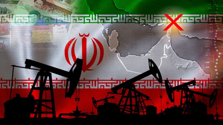 Iranian flag image with oil fields and map of the middle east