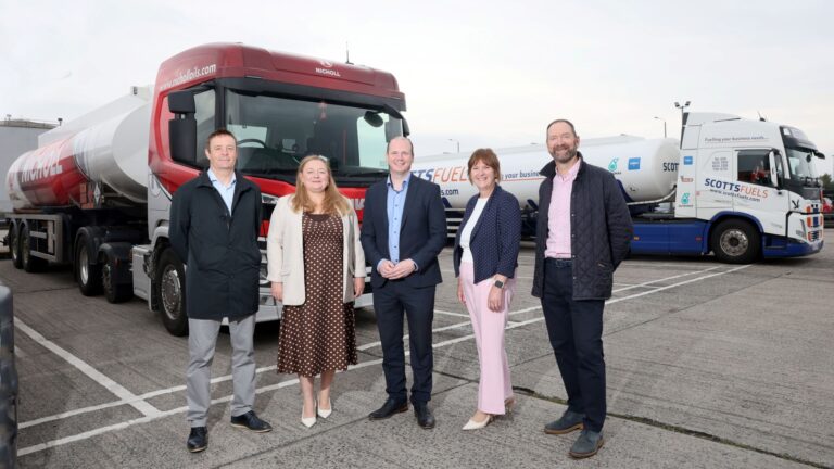 DfC oil voucher scheme launch (l-r) Raymond Gormley, Consumer Council for Northern Ireland, Fiona Magee, Advice NI, Communities Minister Gordon Lyons, Nicole Lappin, Chair NIHE and David Blevings, Northern Ireland Oil Federation